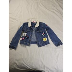Disney Denim Jacket Girls 5/6 Blue Minnie Mickey Sherpa Collar Glitter Patches
